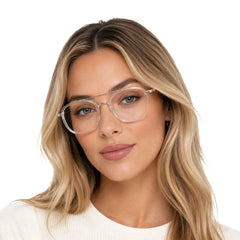 Woman wearing College Fashion 66102 double bridge square prescription eyeglasses in transparent
