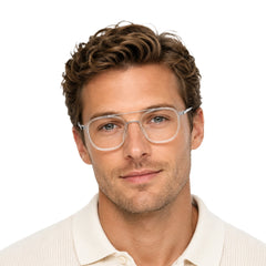 Man wearing College Fashion 66102 double bridge square prescription eyeglasses in transparent