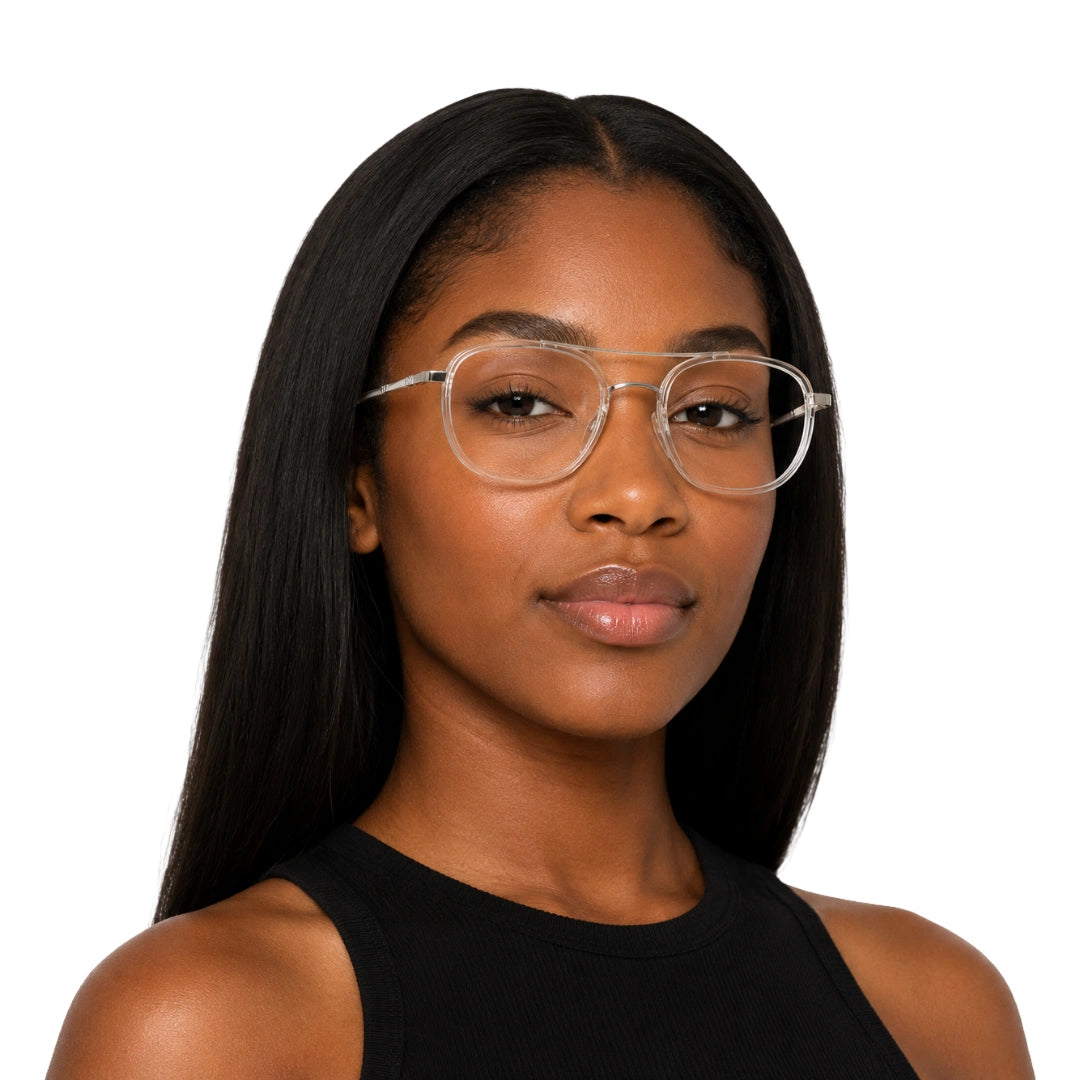 Woman wearing College Fashion 66102 double bridge square prescription eyeglasses in transparent, front view