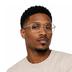 Man wearing College Fashion 66102 double bridge square prescription eyeglasses in transparent, front view