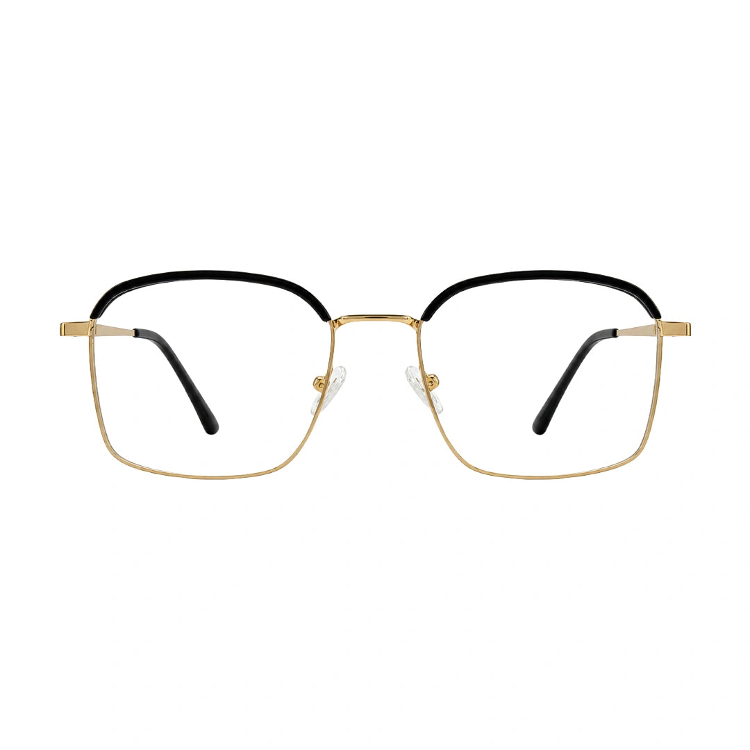 College Fashion 66104 square metal prescription eyeglasses with contrast brow bar in black and gold, front view