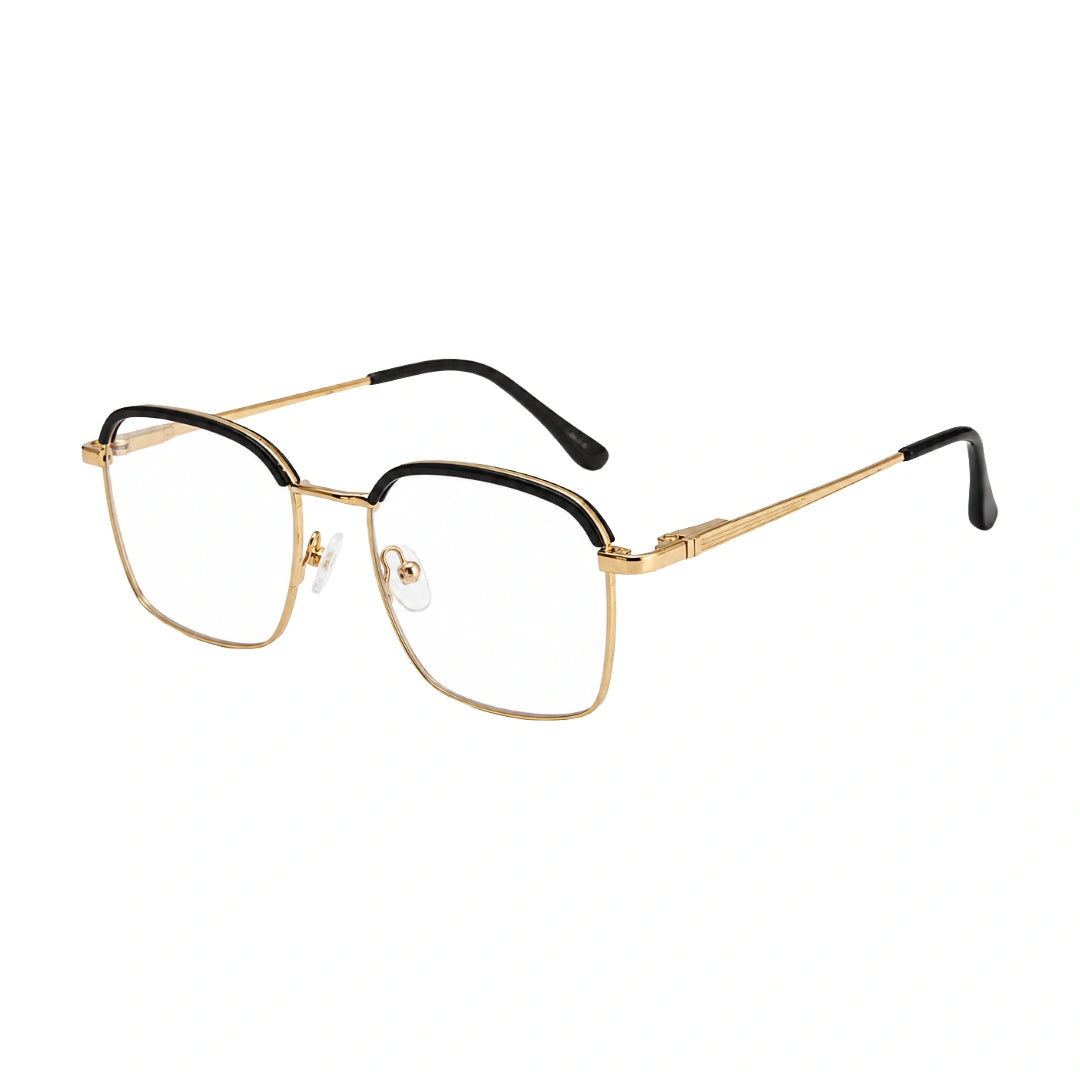 College Fashion 66104 square metal prescription eyeglasses in black and gold, three-quarter angled view