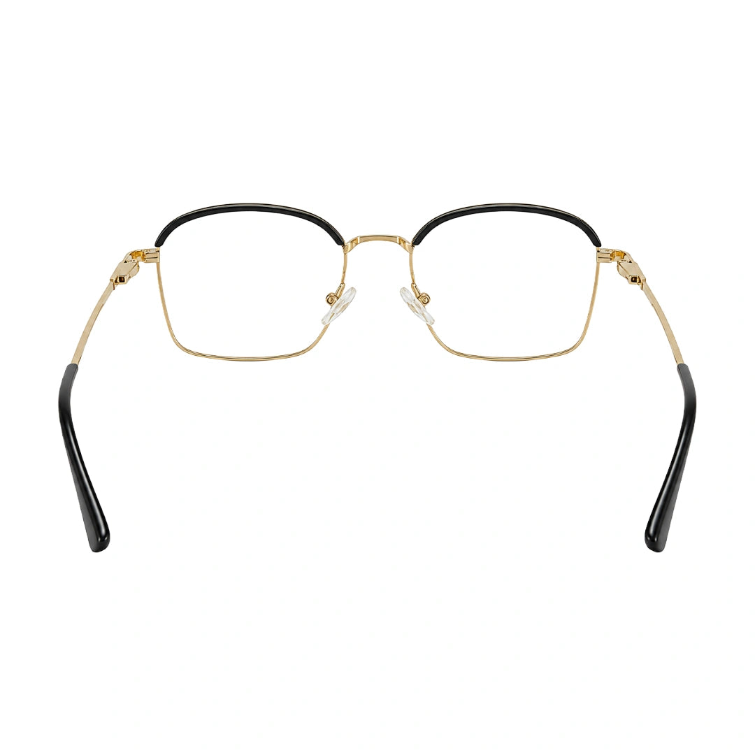 College Fashion 66104 square metal prescription eyeglasses with contrast brow bar in black and gold, rear view