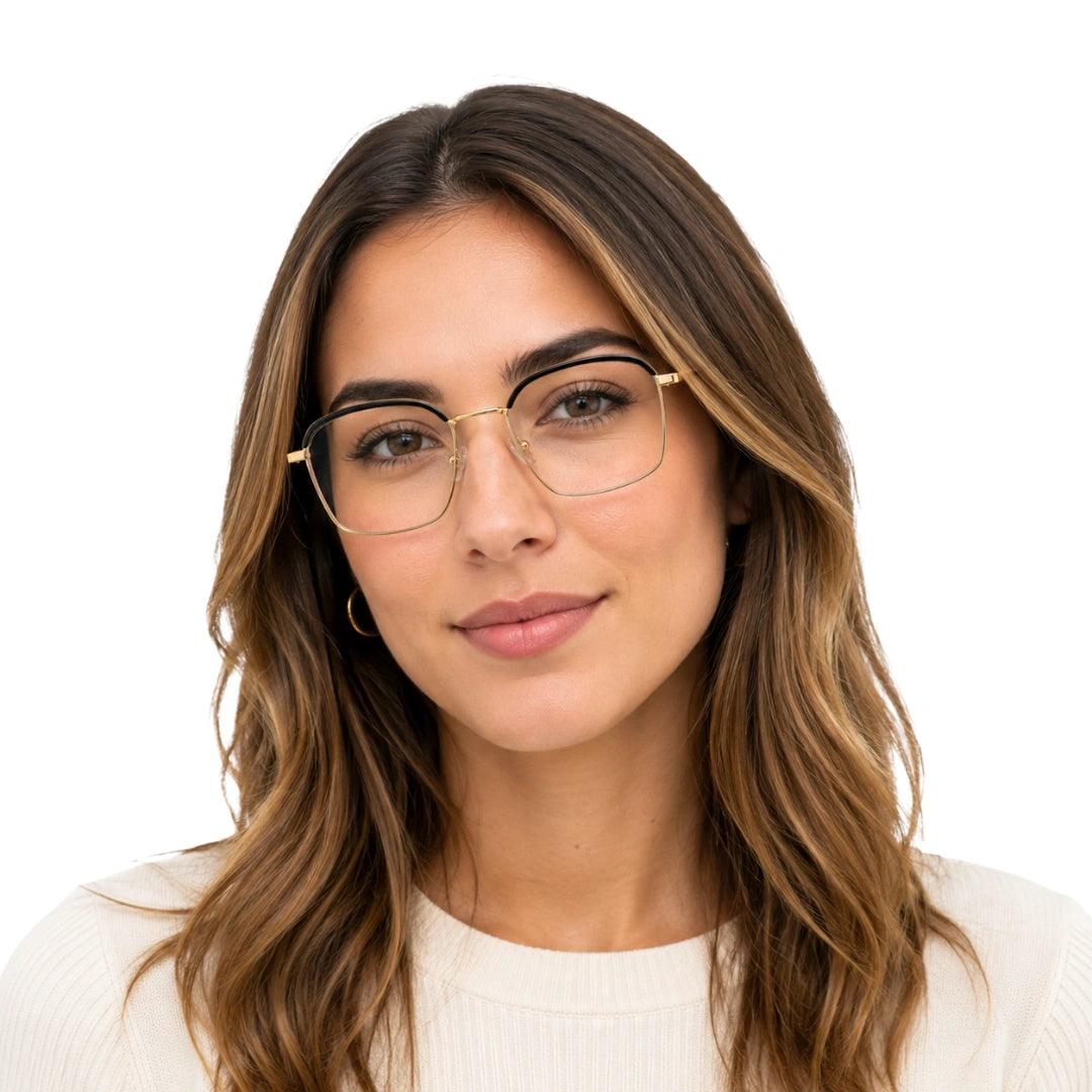 Woman wearing College Fashion 66104 square metal prescription eyeglasses with contrast brow bar in black and gold