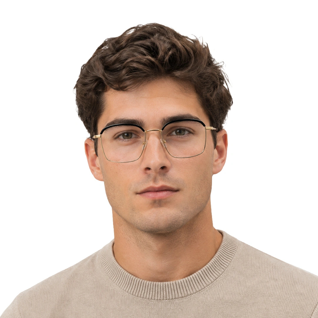 Man wearing College Fashion 66104 square metal prescription eyeglasses with contrast brow bar in black and gold