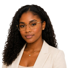 Woman wearing College Fashion 66104 square metal prescription eyeglasses with contrast brow bar in black and gold, front view