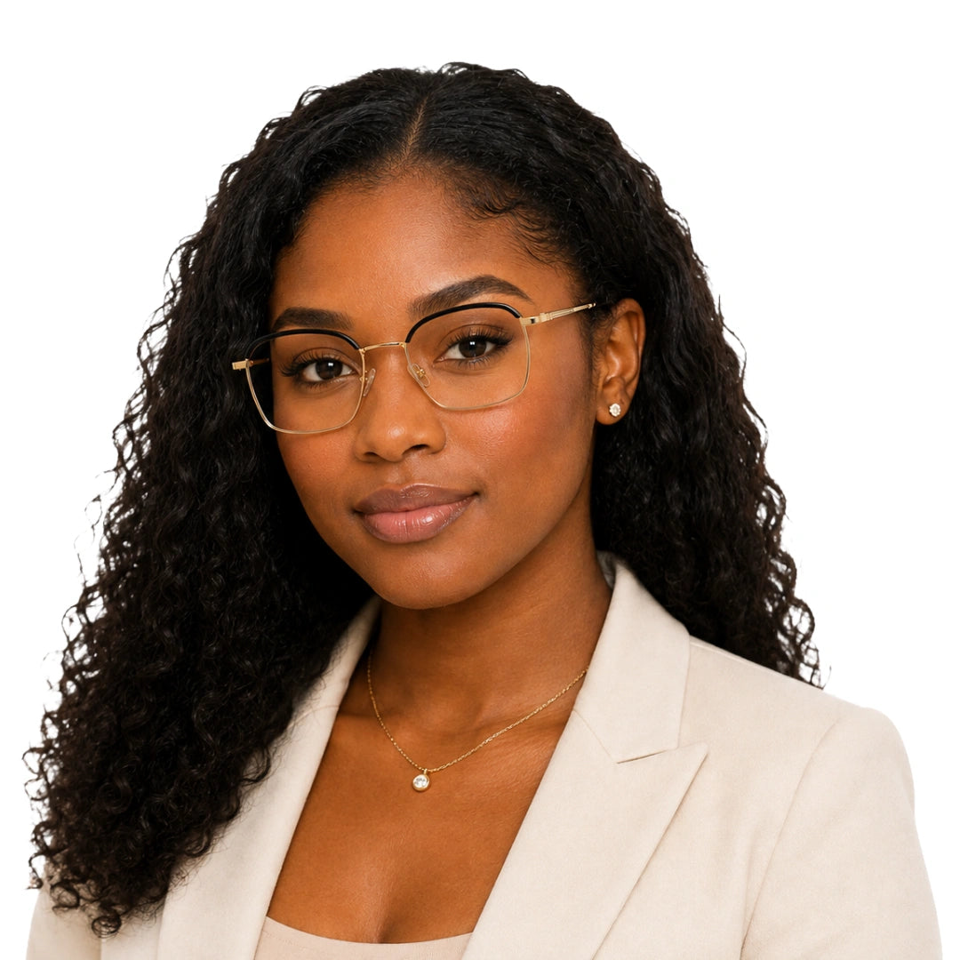 Woman wearing College Fashion 66104 square metal prescription eyeglasses with contrast brow bar in black and gold, front view