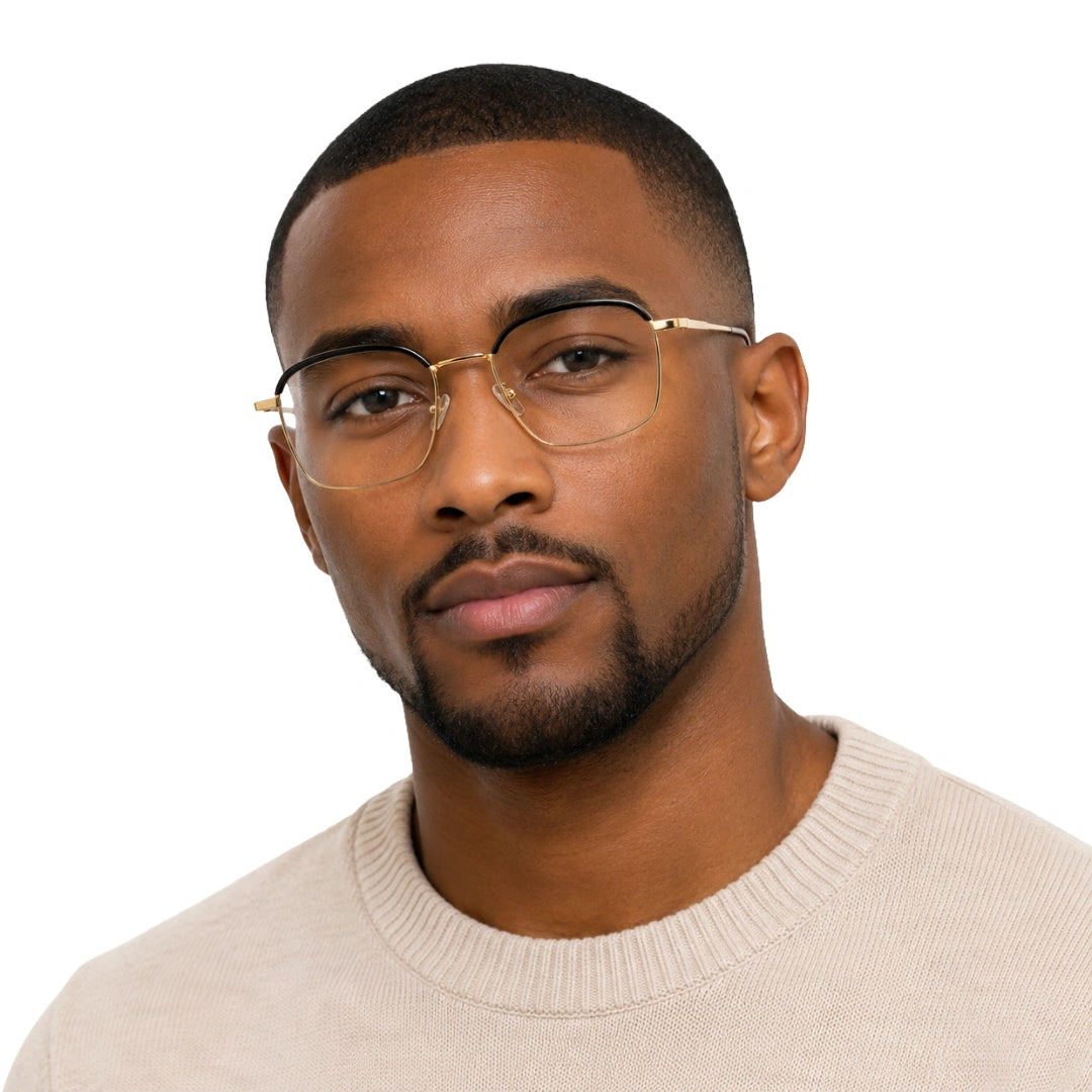 Man wearing College Fashion 66104 square metal prescription eyeglasses with contrast brow bar in black and gold, front view
