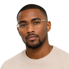 Man wearing College Fashion 66104 square metal prescription eyeglasses with contrast brow bar in black and gold, front view