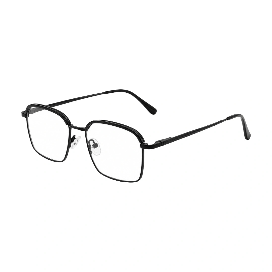 College Fashion 66104 square metal prescription eyeglasses with contrast brow bar in black, three-quarter angled view