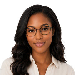 Woman wearing College Fashion 66104 square metal prescription eyeglasses with contrast brow bar in black