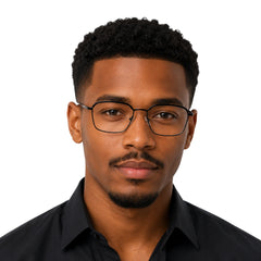 Man wearing College Fashion 66104 square metal prescription eyeglasses with contrast brow bar in black