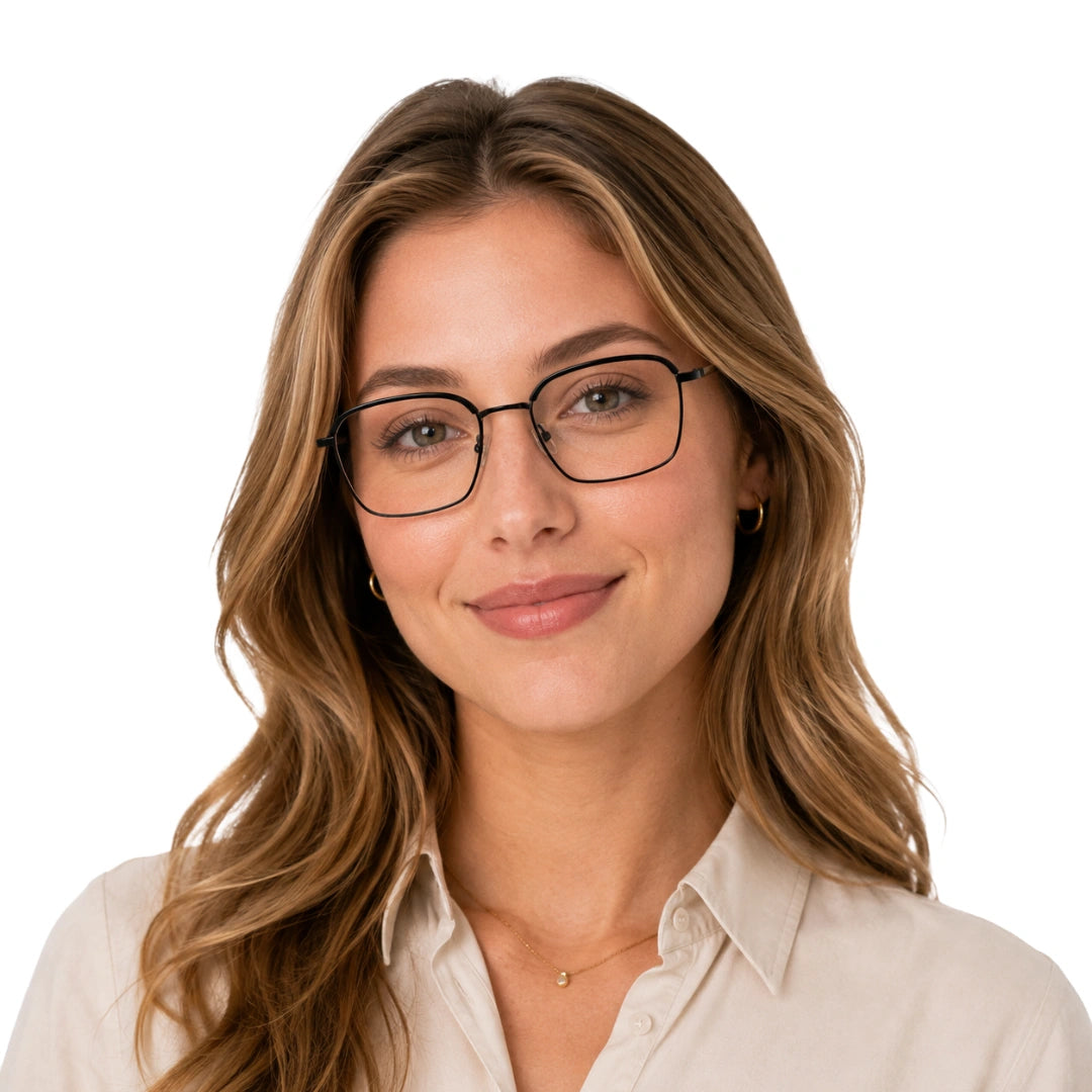 Woman wearing College Fashion 66104 square metal prescription eyeglasses with contrast brow bar in black, front view