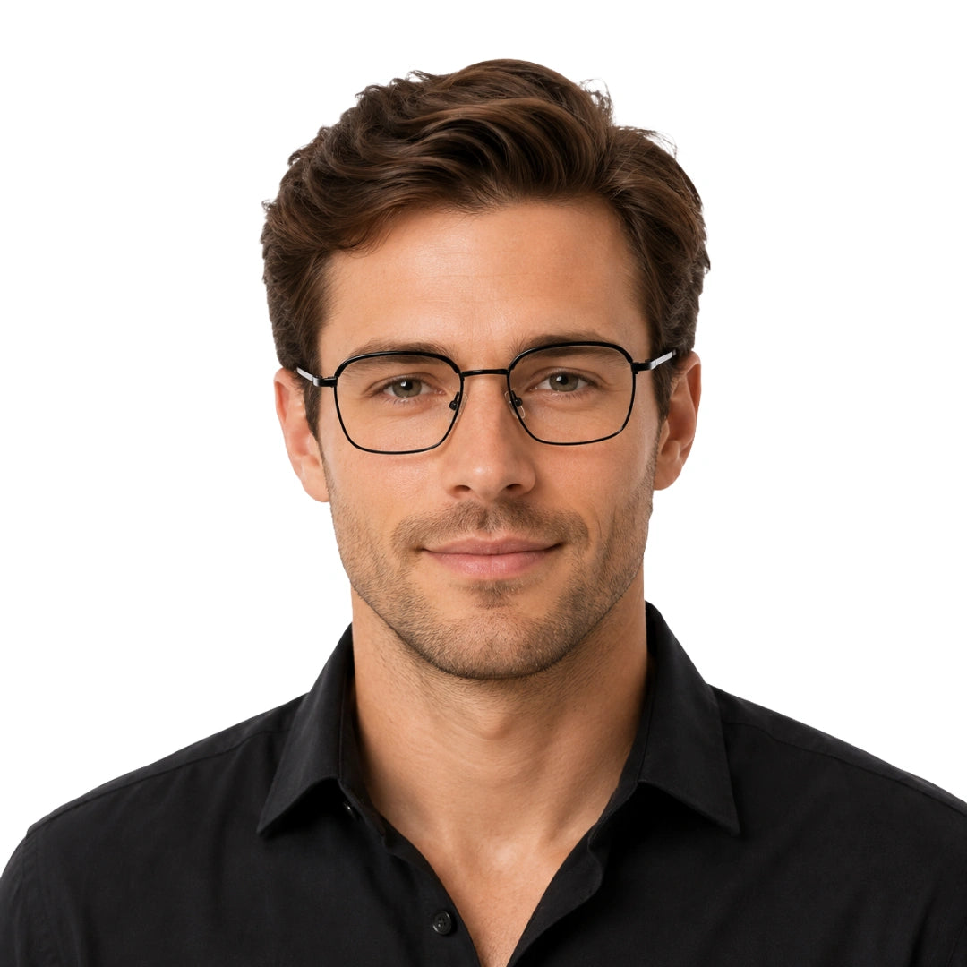 Man wearing College Fashion 66104 square metal prescription eyeglasses with contrast brow bar in black, front view