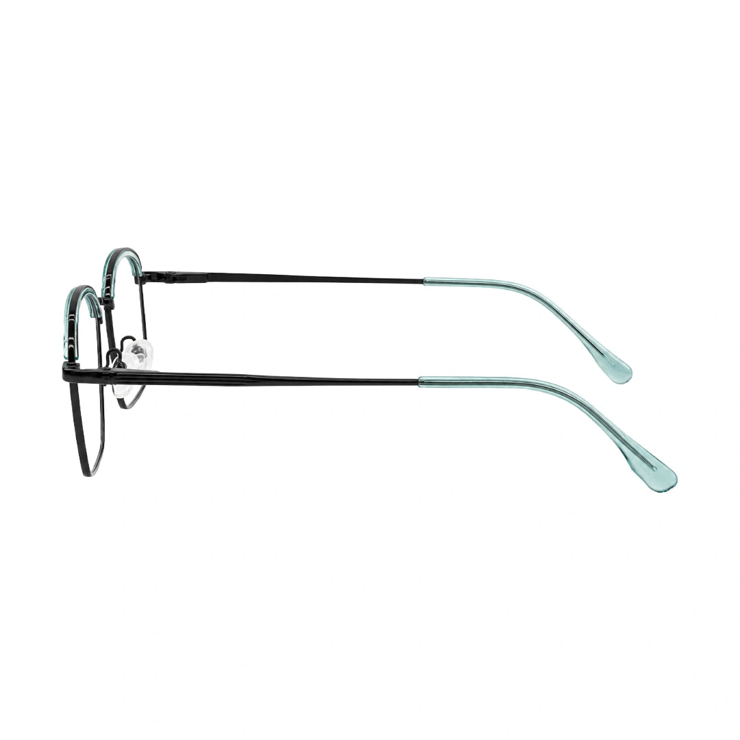 College Fashion 66104 square metal prescription eyeglasses with contrast brow bar in blue, side profile view