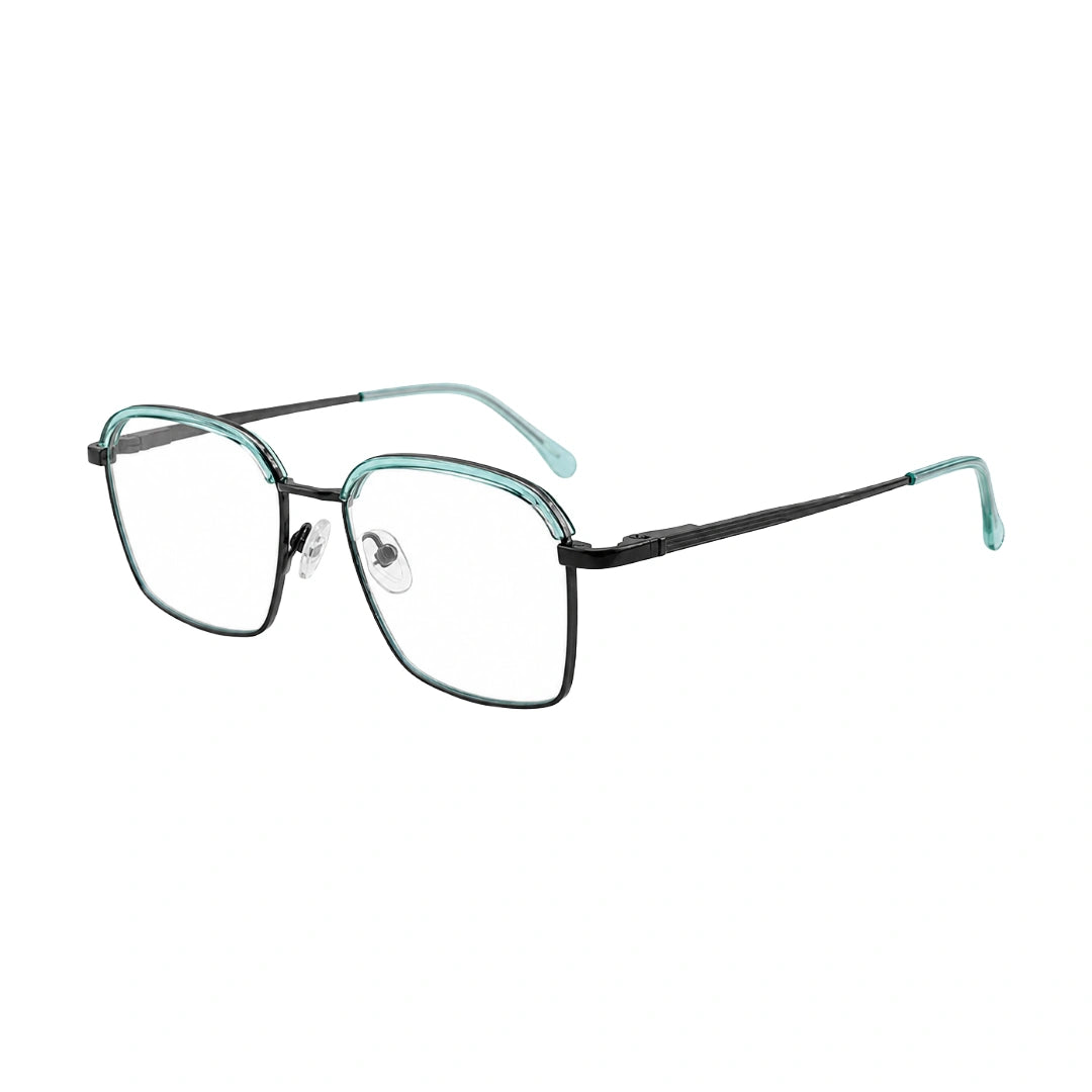 College Fashion 66104 square metal prescription eyeglasses with contrast brow bar in blue, three-quarter angled view