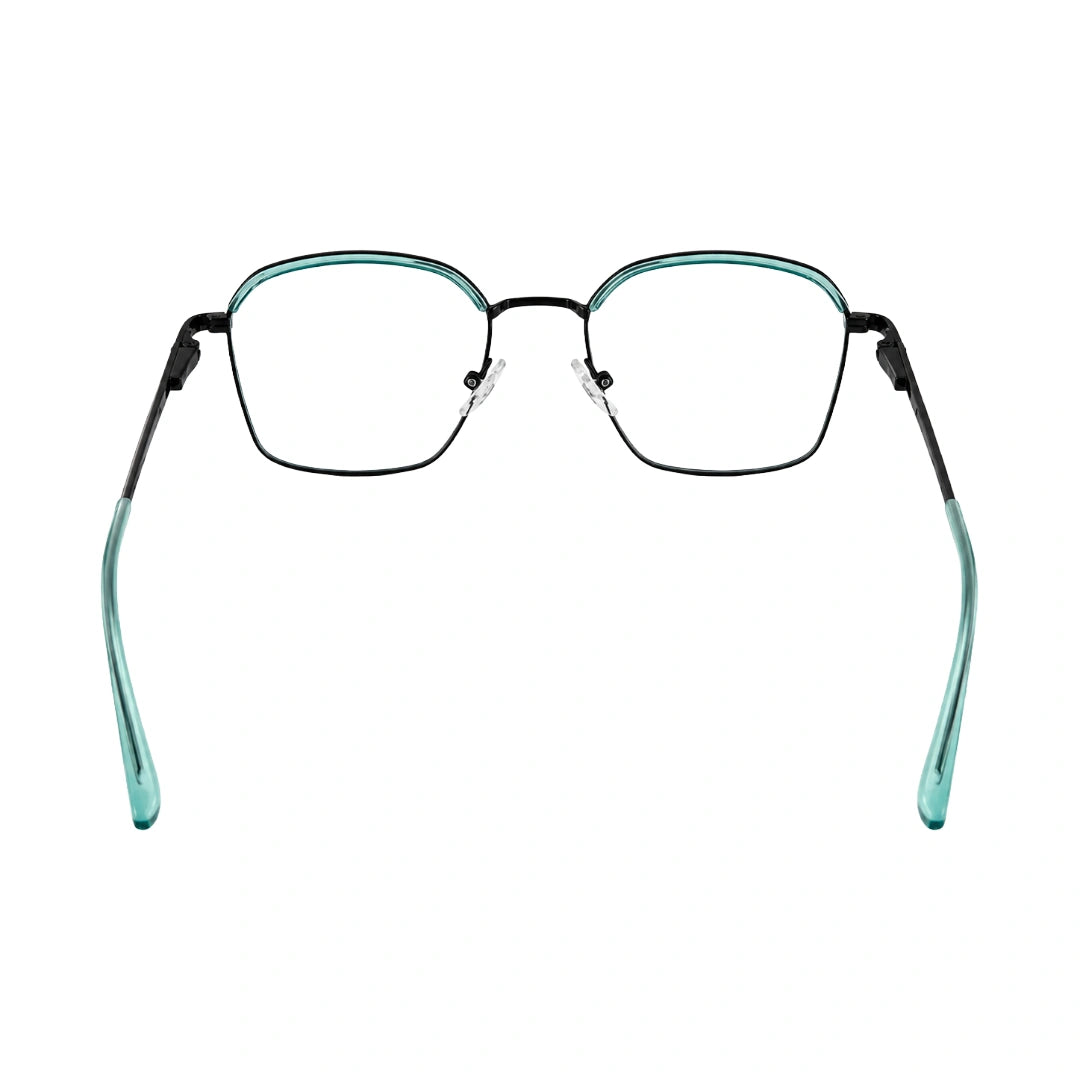 College Fashion 66104 square metal prescription eyeglasses with contrast brow bar in blue, rear view