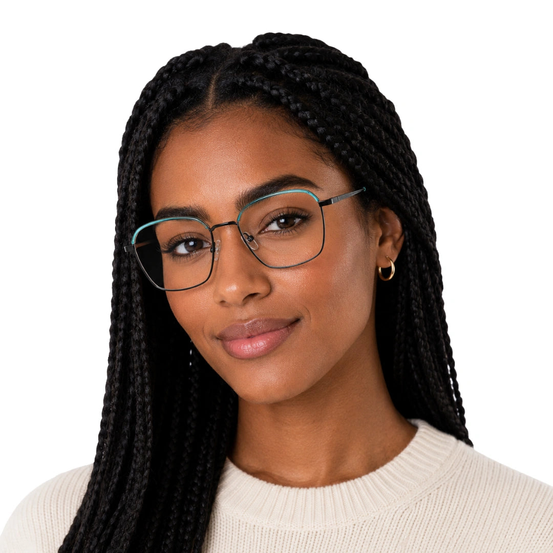 Woman wearing College Fashion 66104 square metal prescription eyeglasses with contrast brow bar in blue