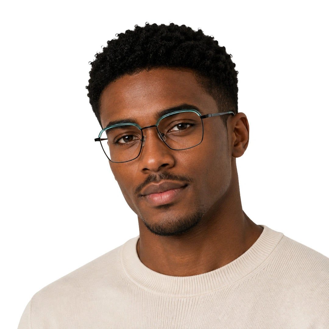 Man wearing College Fashion 66104 square metal prescription eyeglasses with contrast brow bar in blue