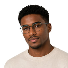 Man wearing College Fashion 66104 square metal prescription eyeglasses with contrast brow bar in blue