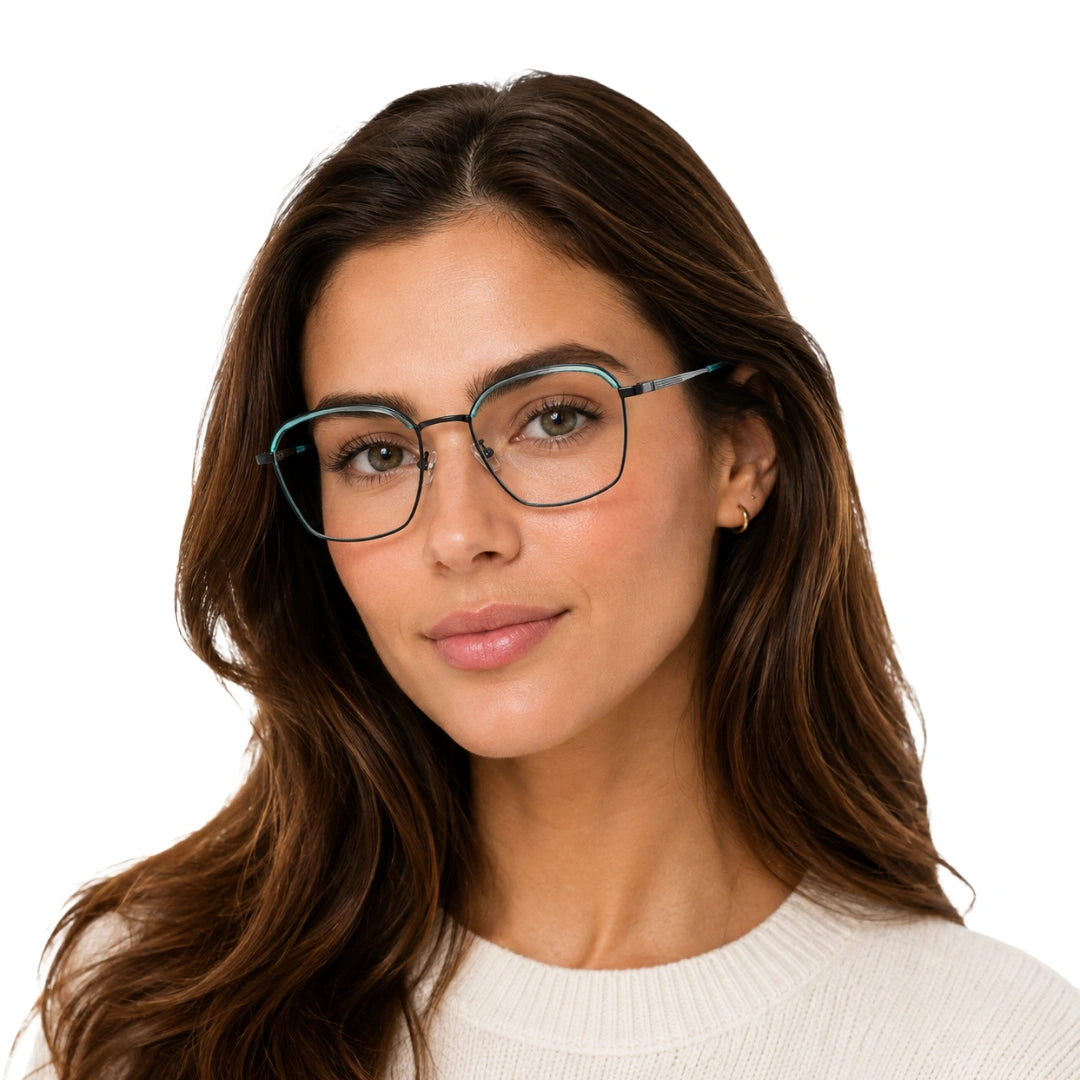 Woman wearing College Fashion 66104 square metal prescription eyeglasses with contrast brow bar in blue, front view