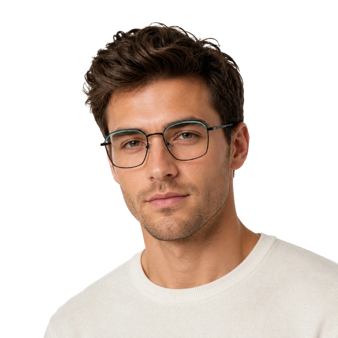 Man wearing College Fashion 66104 square metal prescription eyeglasses with contrast brow bar in blue, front view