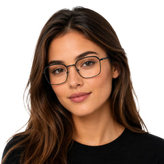 Woman wearing College Fashion 66104 square metal prescription eyeglasses with contrast brow bar in grey and black