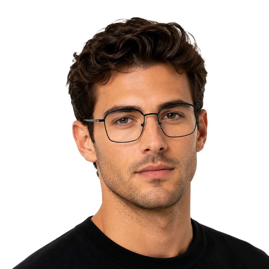 Man wearing College Fashion 66104 square metal prescription eyeglasses with contrast brow bar in grey and black