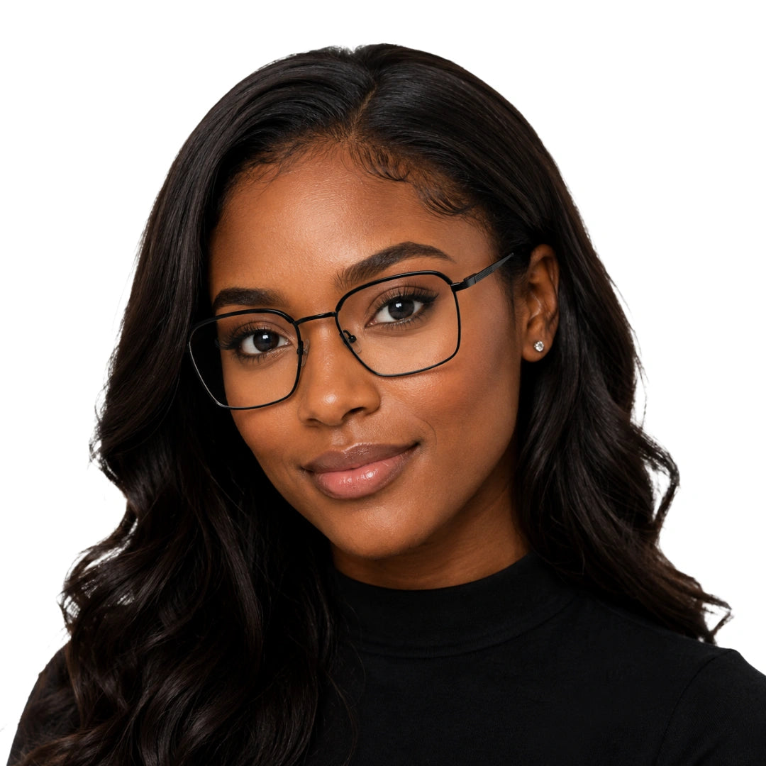 Woman wearing College Fashion 66104 square metal prescription eyeglasses with contrast brow bar in grey and black, front view