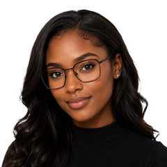 Woman wearing College Fashion 66104 square metal prescription eyeglasses with contrast brow bar in grey and black, front view