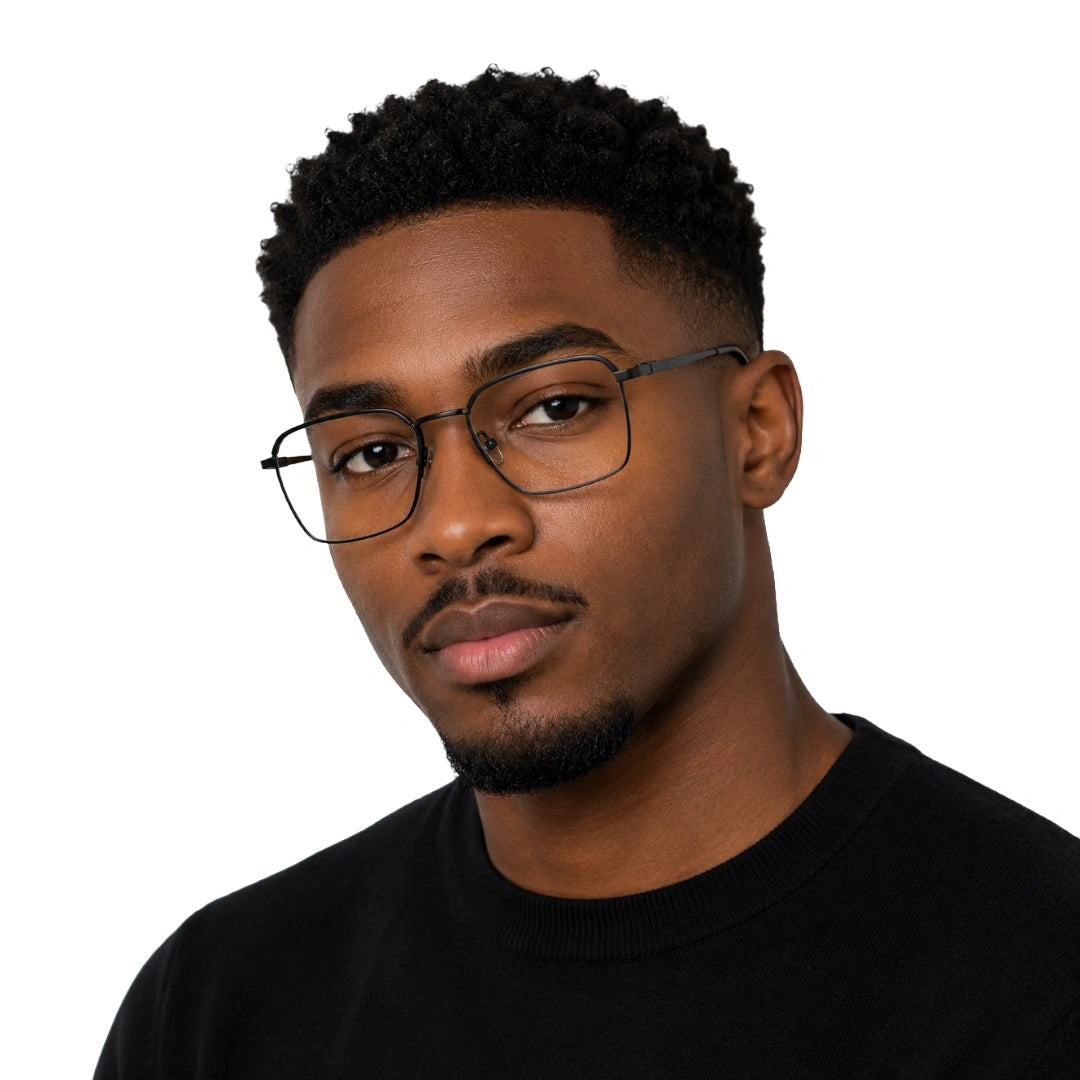 Man wearing College Fashion 66104 square metal prescription eyeglasses with contrast brow bar in grey and black, front view