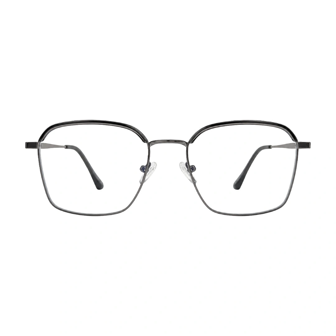 College Fashion 66104 square metal prescription eyeglasses with contrast brow bar in grey and silver, front view