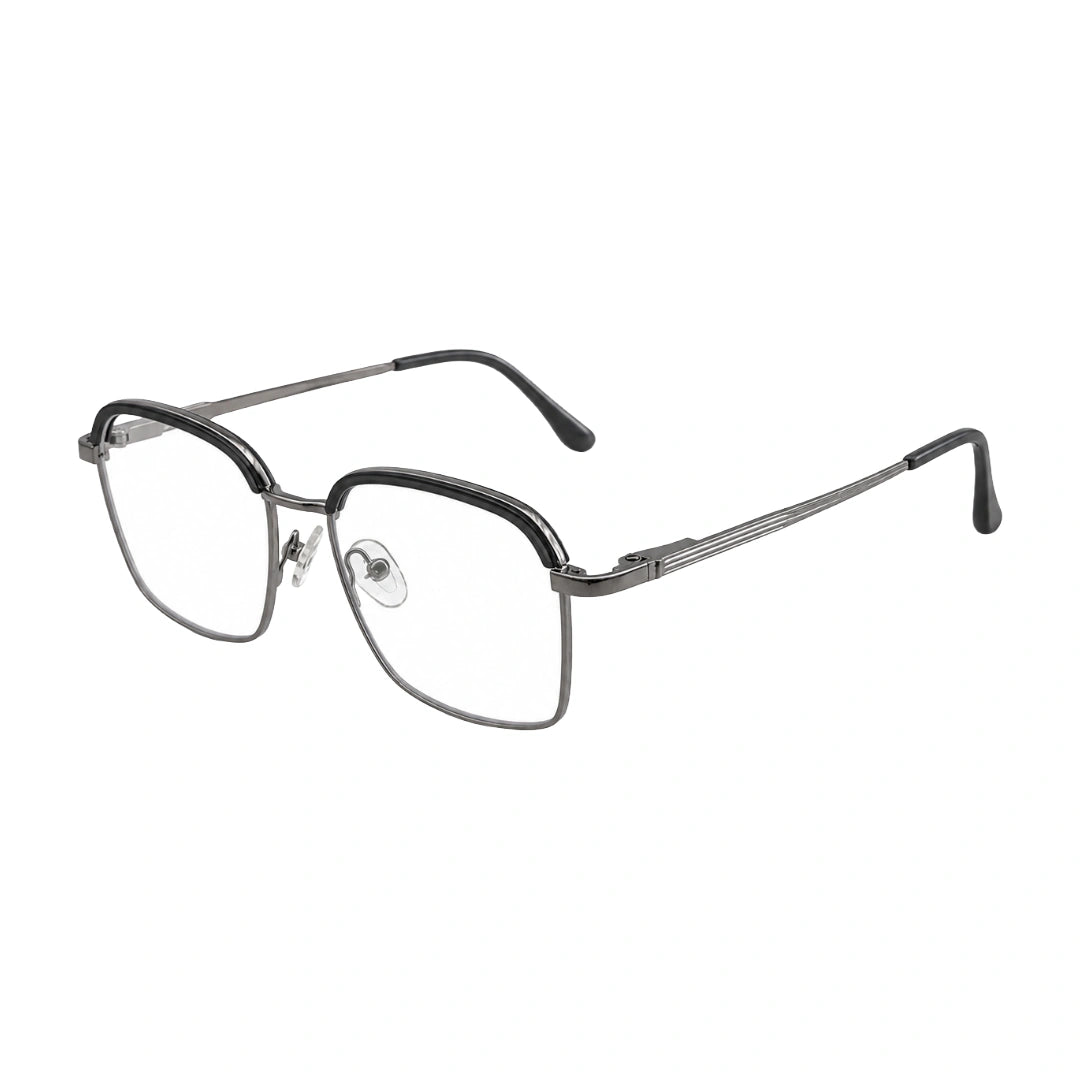 College Fashion 66104 square metal prescription eyeglasses in grey and silver, three-quarter angled view