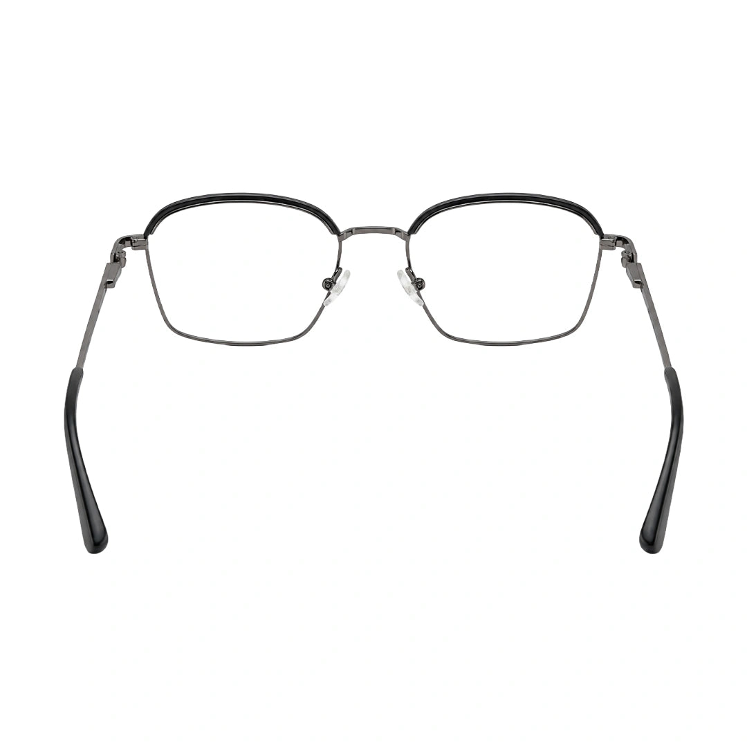 College Fashion 66104 square metal prescription eyeglasses with contrast brow bar in grey and silver, rear view