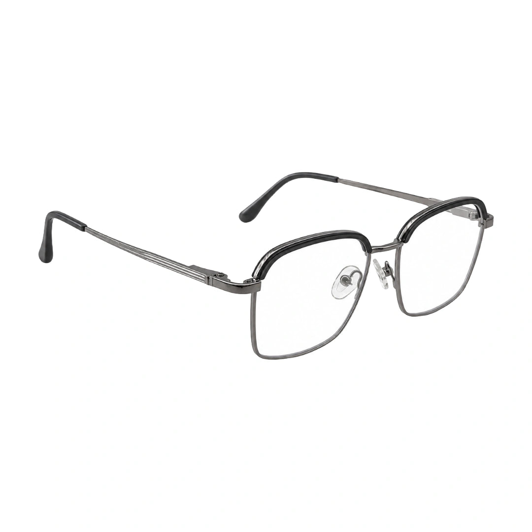 College Fashion 66104 square metal prescription eyeglasses with contrast brow bar in grey and silver, angled view