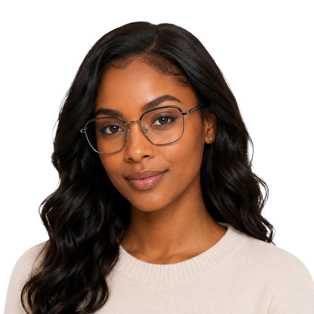 Woman wearing College Fashion 66104 square metal prescription eyeglasses with contrast brow bar in grey and silver