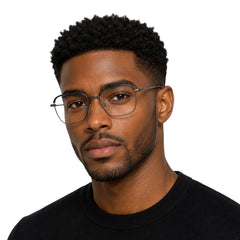 Man wearing College Fashion 66104 square metal prescription eyeglasses with contrast brow bar in grey and silver