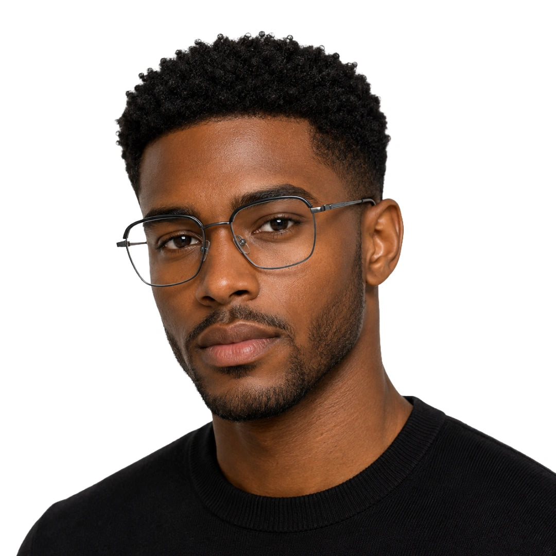 Man wearing College Fashion 66104 square metal prescription eyeglasses with contrast brow bar in grey and silver