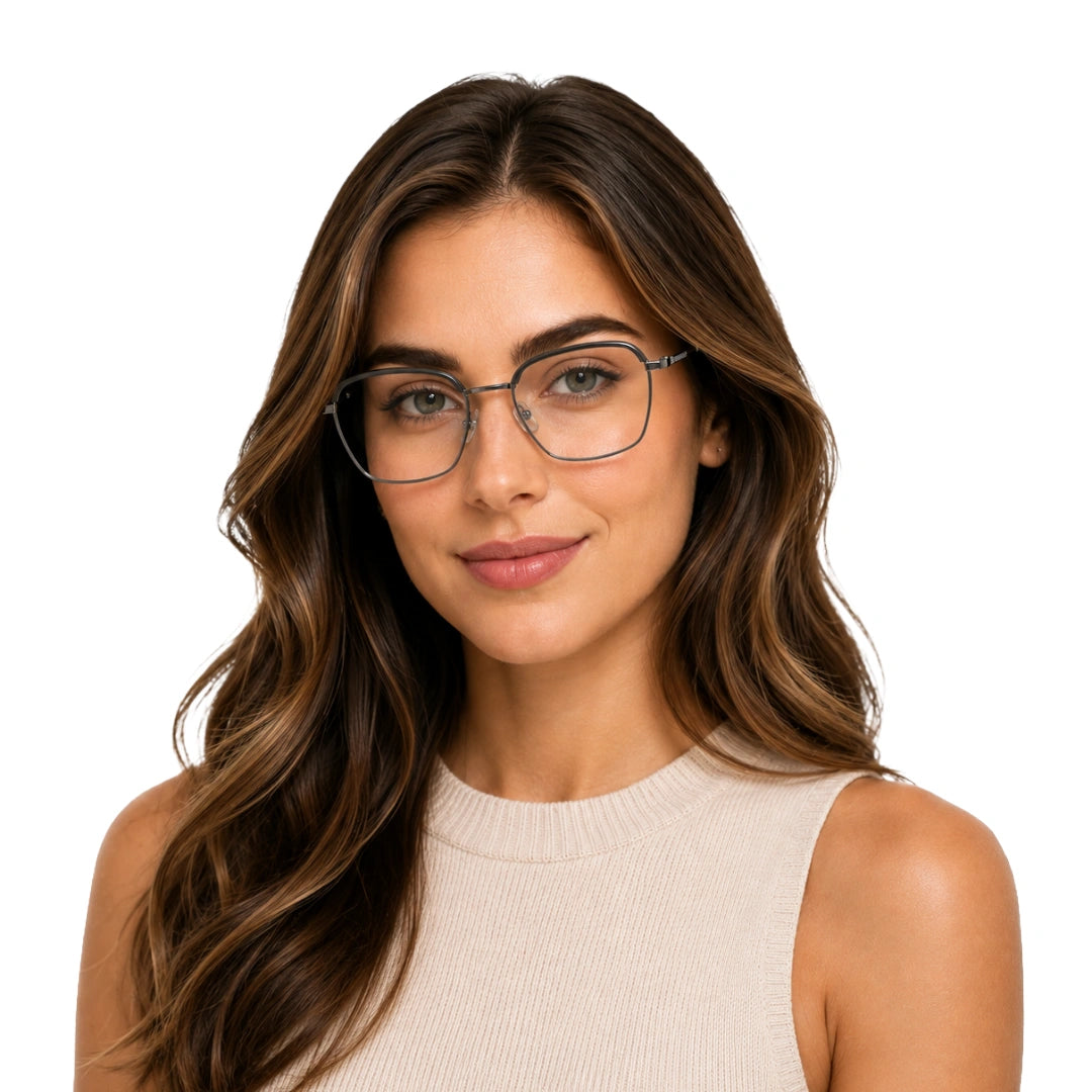 Woman wearing College Fashion 66104 square metal prescription eyeglasses in grey and silver, front view