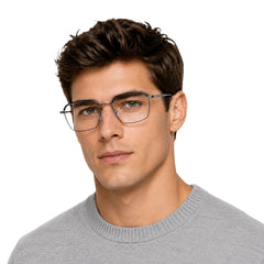 Man wearing College Fashion 66104 square metal prescription eyeglasses with contrast brow bar in grey and silver, front view