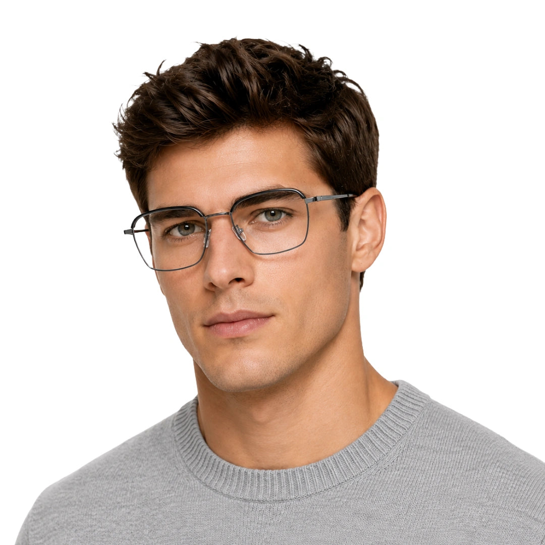 Man wearing College Fashion 66104 square metal prescription eyeglasses with contrast brow bar in grey and silver, front view