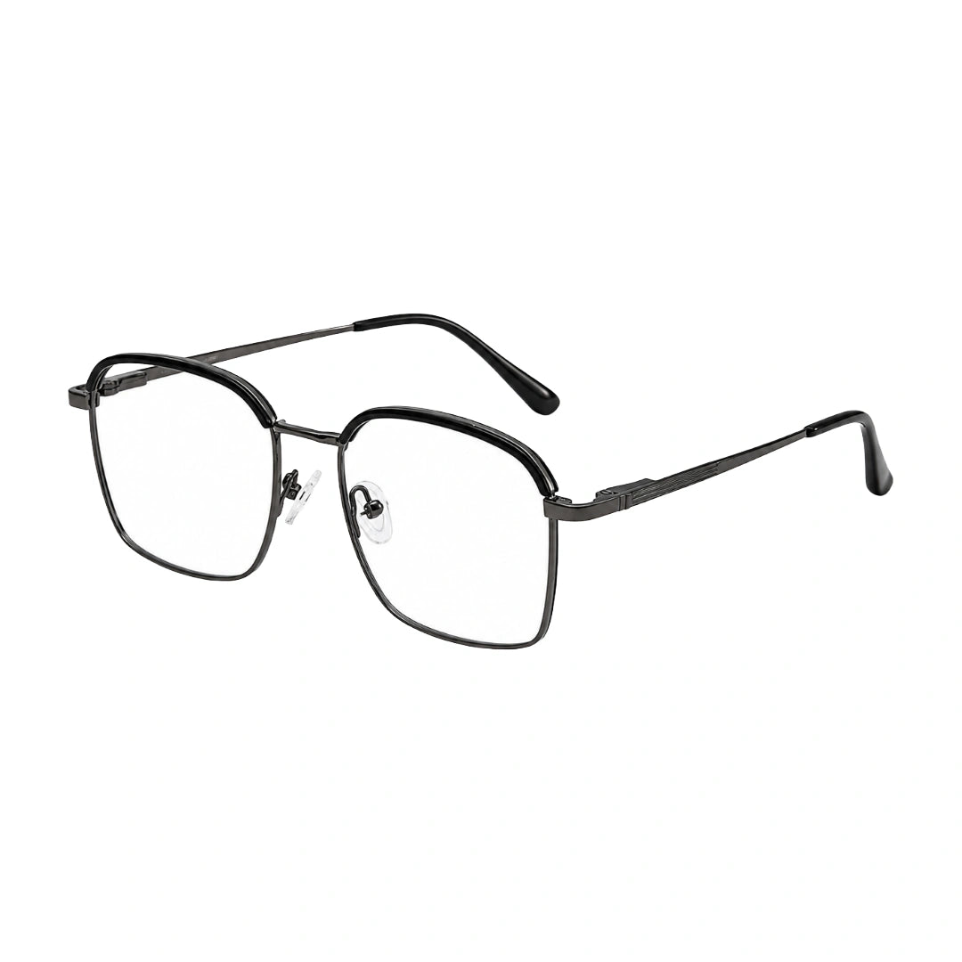 College Fashion 66104 square metal prescription eyeglasses in gunmetal and black, three-quarter angled view
