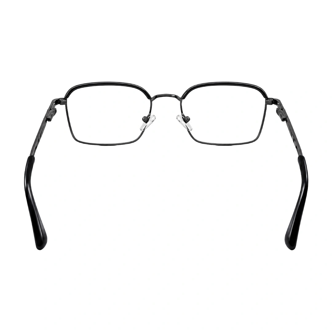 College Fashion 66104 square metal prescription eyeglasses with contrast brow bar in gunmetal and black, rear view