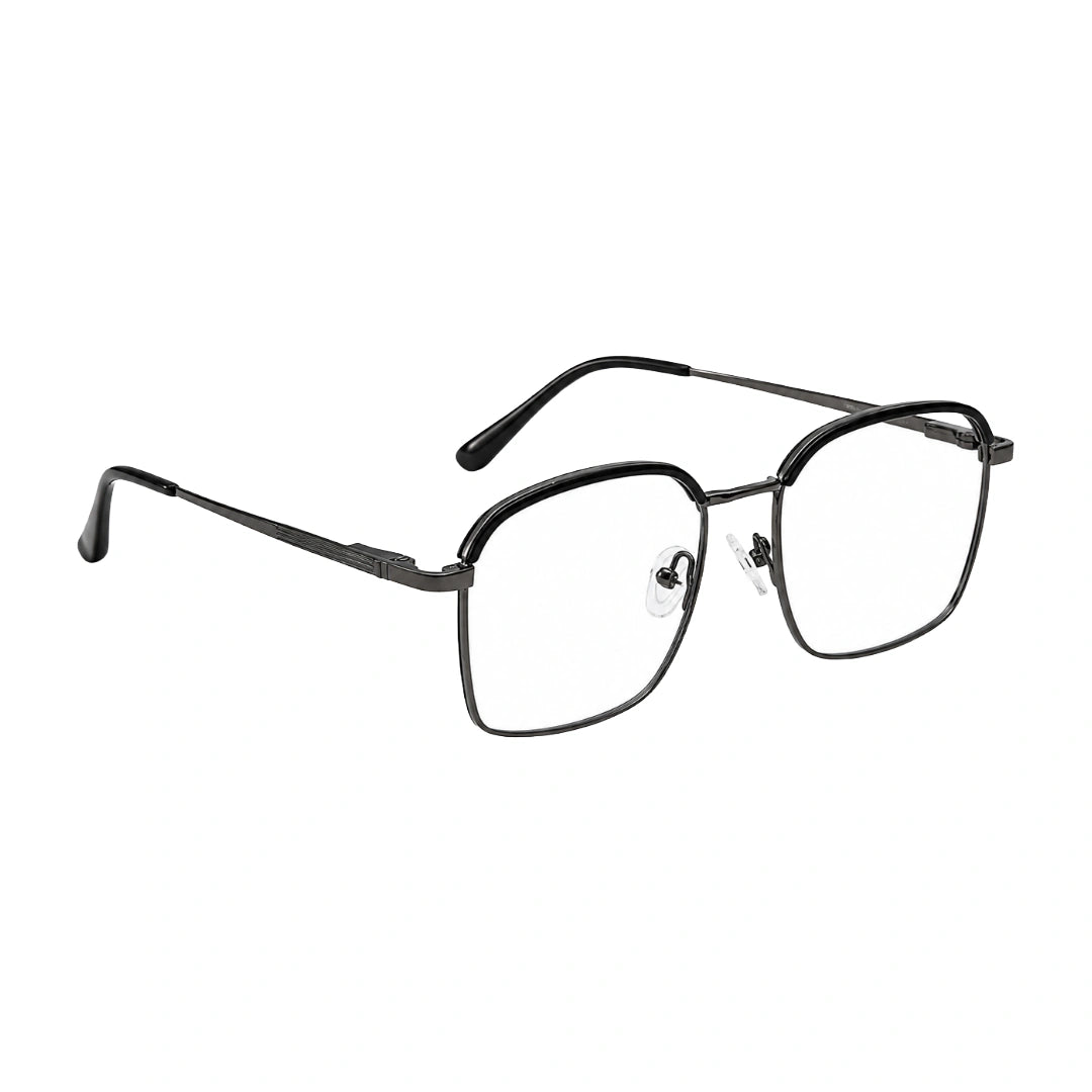 College Fashion 66104 square metal prescription eyeglasses with contrast brow bar in gunmetal and black, angled view