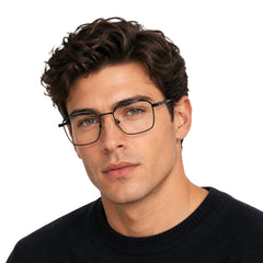 Man wearing College Fashion 66104 square metal prescription eyeglasses with contrast brow bar in gunmetal and black