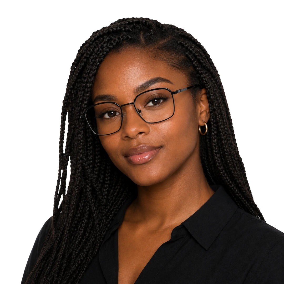 Woman wearing College Fashion 66104 square metal prescription eyeglasses in gunmetal and black, front view