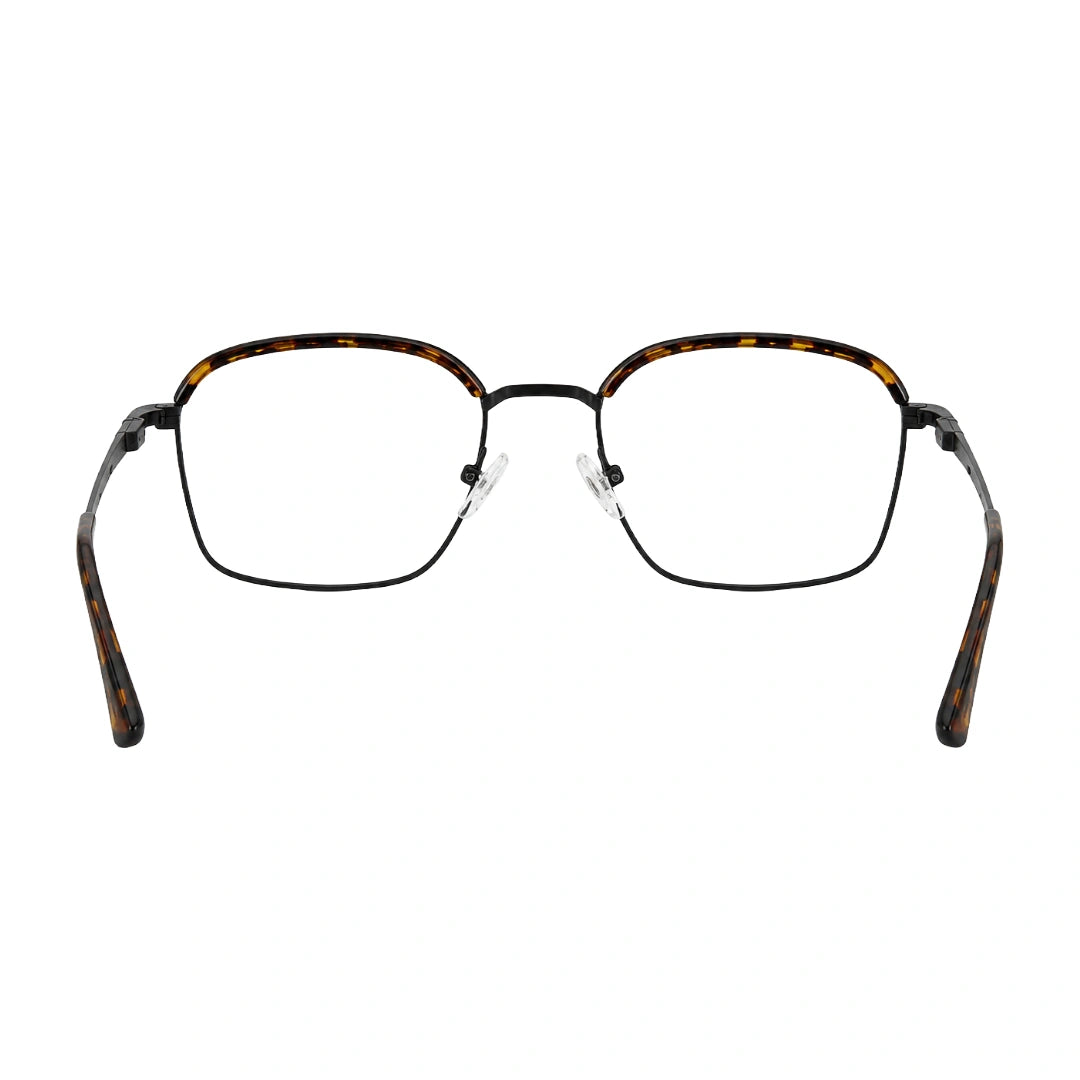 College Fashion 66104 square metal prescription eyeglasses with contrast brow bar in tortoise shell, rear view