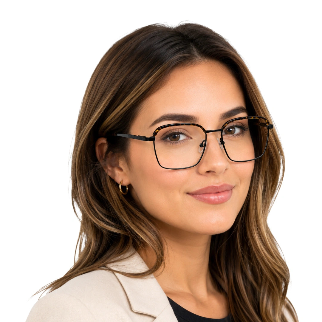 Woman wearing College Fashion 66104 square metal prescription eyeglasses with contrast brow bar in tortoise shell