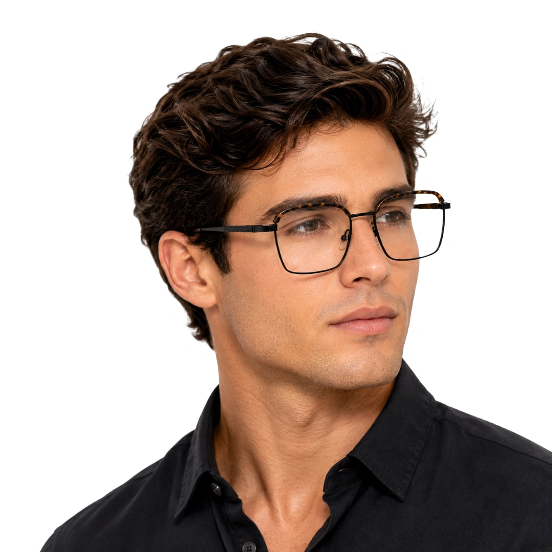Man wearing College Fashion 66104 square metal prescription eyeglasses with contrast brow bar in tortoise shell