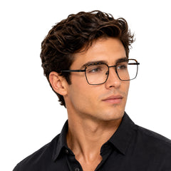 Man wearing College Fashion 66104 square metal prescription eyeglasses with contrast brow bar in tortoise shell